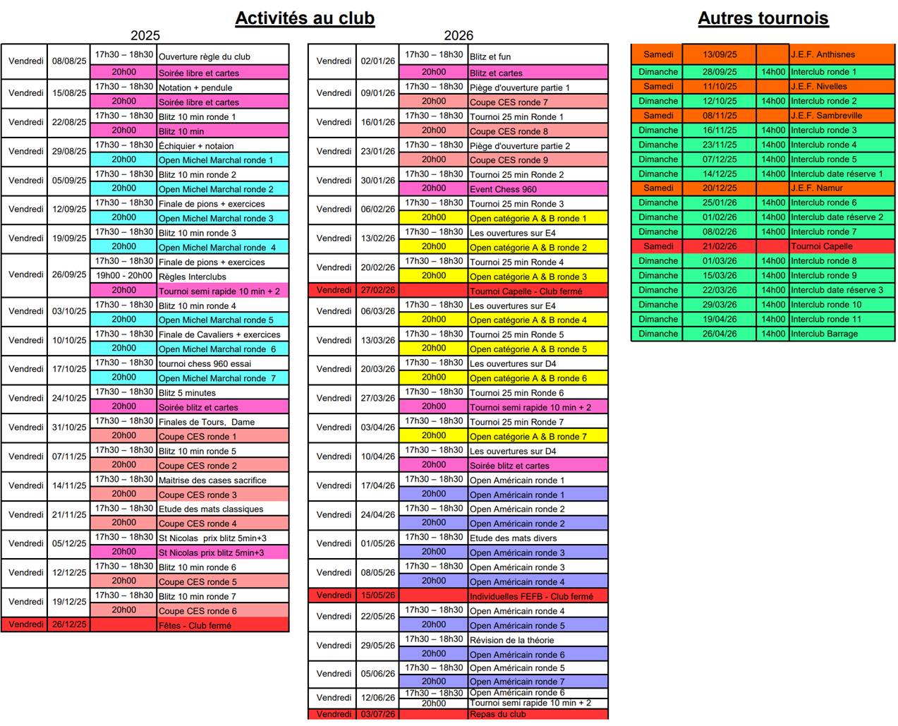 Calendrier saison 2025 2026
